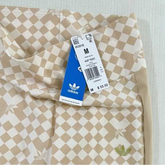 adidas Cream and Brown Checkered Print Signature Stirrup Leggings - Picture 8 of 9